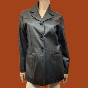 Vintage 90s Y2k Leather Jacket Dark Brown Mid Length Size S Button Up